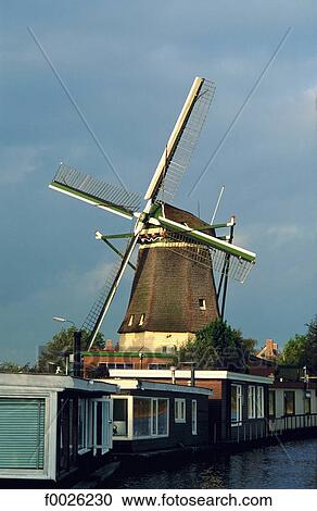 Stock Image - The Netherlands, North Holland, Zaan region, windmill. Fotosearch