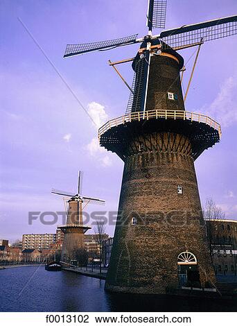 Stock Image - The Netherlands, South Holland, Rotterdam, old windmills. Fotosearch