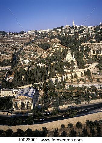 Stock Image - Israel, Jerusalem, Kidron Valley from the Mount of Olives, church of all Nations in the foreground. Fotosearch