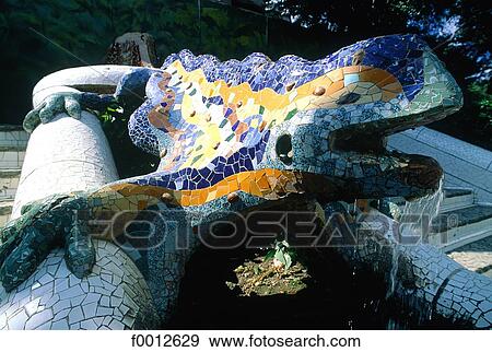 Stock Photo - Spain, Barcelona, Park Guell, fountain of the Salamander. Fotosearch