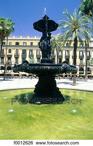 Stock Photograph - Spain, Barcelona, Plaza Real fountain . Fotosearch