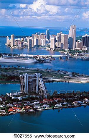 Stock Photography - United States, Florida, Miami, Florida Keys, the port and the city, aerial view. Fotosearch
