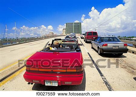 Stock Photo - United States, Florida, Miami, lifted bridge, traffic. Fotosearch