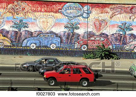 Stock Image - United States, California, Los Angeles, Downtown, mural and Hollywood freeway. Fotosearch