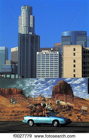 United States, California, Los Angeles, Downtown, mural and highrise buildings View Large Photo Image Stock Photo - United States, California, Los Angeles, Downtown, mural and highrise buildings. Fotosearch