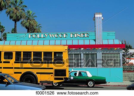 Stock Photograph - United States, California, Los Angeles, Hollywood, Highland Avenue, diner and traffic. Fotosearch