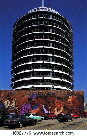 Stock Photograph - United States, California, Los Angeles, Hollywood, Capitol Records Tower and mural by Richard Wyatt. Fotosearch