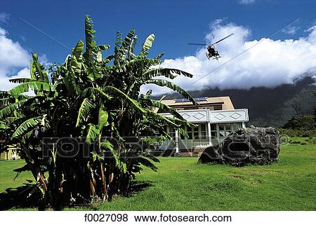 Reunion, Mafate cirque, house with helicopter landing View Large Photo Image Stock Photo - Reunion, Mafate cirque, house with helicopter landing. Fotosearch