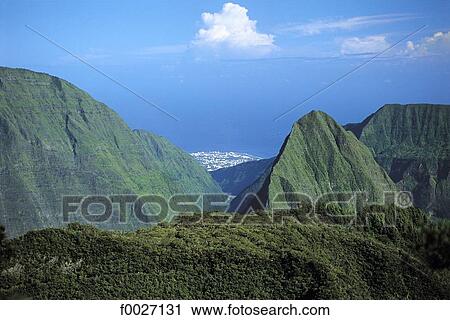 Stock Image - Reunion, Mafate cirque mountains, aerial. Fotosearch