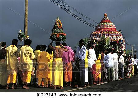Stock Image - Reunion, procession during a Tamil religious ceremony. Fotosearch