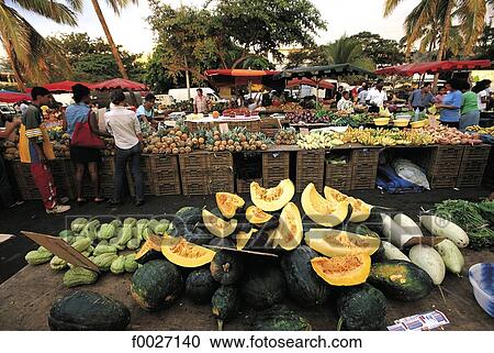 Stock Image - Reunion, Saint-Paul, market, fruits end vegetables stalls. Fotosearch