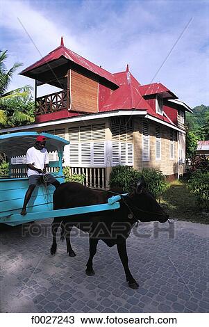 Stock Image - Seychelles, La Digue, colonial house and oxen cart. Fotosearch