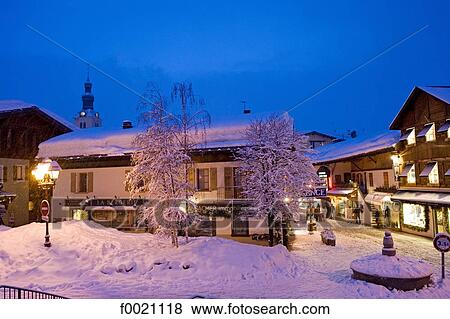 Stock Photo - France, Alps, Megeve, downtown by night. Fotosearch