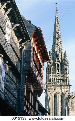Stock Image - France, Brittany, Quimper, the cathedral in the medieval town. Fotosearch
