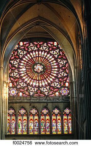 Stock Photograph - France, Champagne Region, Reims, Notre Dame cathedral, rose window. Fotosearch