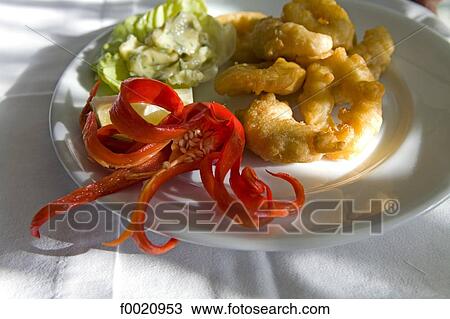 Stock Image - Tunisia, Sidi Bou Said, plate of shrimps. Fotosearch