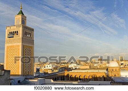 Tunisia, Tunis, Zitouna mosque and the city roofs View Large Photo Image Stock Image - Tunisia, Tunis, Zitouna mosque and the city roofs. Fotosearch