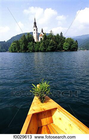 Stock Image - Slovenia, Bled, lake and church on an island. Fotosearch