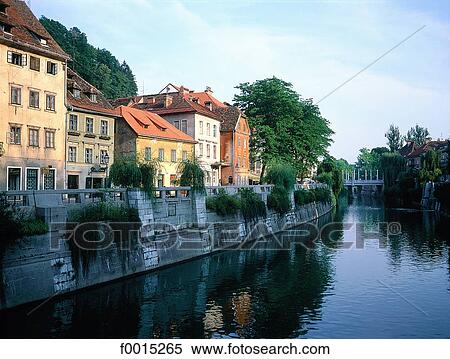 Slovenia, Lubiana, houses along the Ljubjanica River View Large Photo Image Stock Photography - Slovenia, Lubiana, houses along the Ljubjanica River. Fotosearch