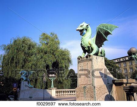 Slovenia, Lubiana, the flying lizards bridge View Large Photo Image Stock Photo - Slovenia, Lubiana, the flying lizards bridge. Fotosearch