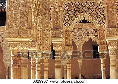 Stock Photo - Spain, Andalusia, Granada, the Alhambra, court of the lions, architectural detail. Fotosearch