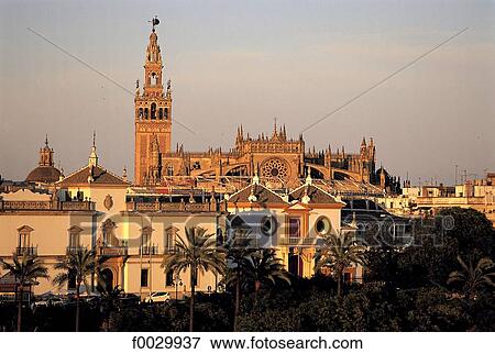 Stock Photo - Spain, Andalusia, Seville, overview on the city at dusk, la Maestranza at fore and the cathedral at back. Fotosearch