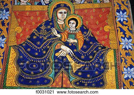 Stock Image - Ethiopia, Tigré region, Axoum, Saint Mary of Zion church, fresco representing the Virgin. Fotosearch