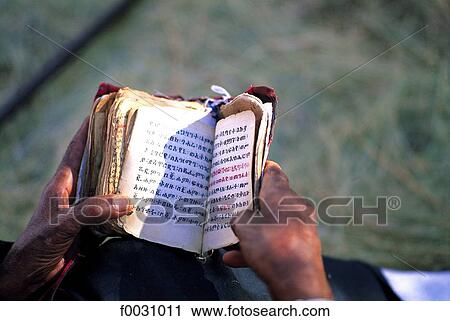 Stock Image - Ethiopia, Wollo region, Lalibela, Coptic church, prayer book. Fotosearch