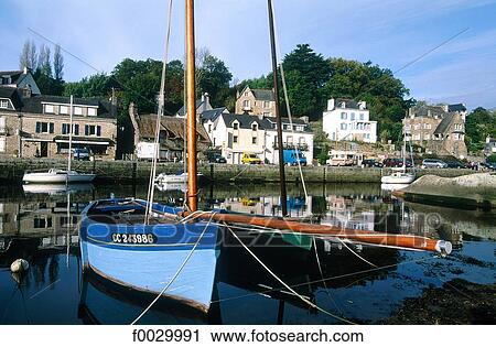 Stock Image - France, Brittany, Pont-Aven, port, boat. Fotosearch