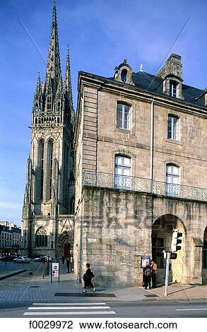 France, Brittany, Quimper, bell tower of the cathedral and old building View Large Photo Image Stock Image - France, Brittany, Quimper, bell tower of the cathedral and old building. Fotosearch