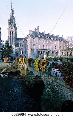 France, Brittany, Quimper, bridge on the Odet River and cathedral View Large Photo Image Picture - France, Brittany, Quimper, bridge on the Odet River and cathedral. Fotosearch
