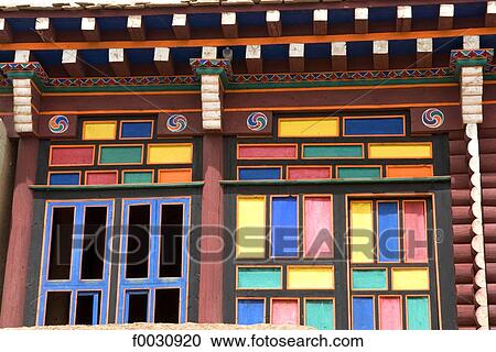 Stock Image - China, Sichuan, near Rongpatsa, Tibetan monastery, colored dwelling of monks. Fotosearch