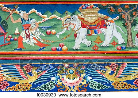 Stock Image - China, Sichuan, near Rongpatsa, Tibetan monastery, detail of a fresco. Fotosearch