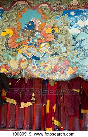 China, Sichuan, near Rongpatsa, Tibetan monastery, dresses of monks and fresco View Large Photo Image Stock Photo - China, Sichuan, near Rongpatsa, Tibetan monastery, dresses of monks and fresco. Fotosearch