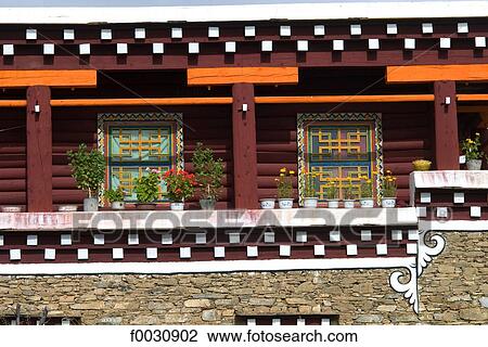 Stock Image - China, Sichuan, Tibetan dwelling, detail. Fotosearch