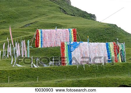 Stock Image - China, Sichuan, Tibetan prayer flag. Fotosearch