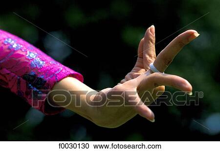 Stock Image - Thailand, Bangkok, Vimanmek palace, traditional folk dance, hand detail. Fotosearch
