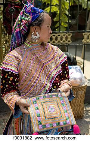Stock Image - Vietnam, Bac Ha village, Flower Hmong.. Fotosearch