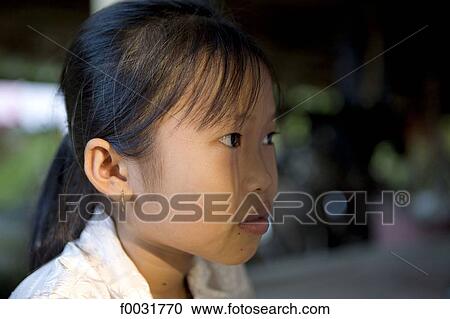 Stock Image - Vietnam, village by Mang Thit river, portrait of a young girl.. Fotosearch