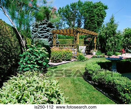 Stock Image - birdbath, garden, grass, leaves, path. Fotosearch
