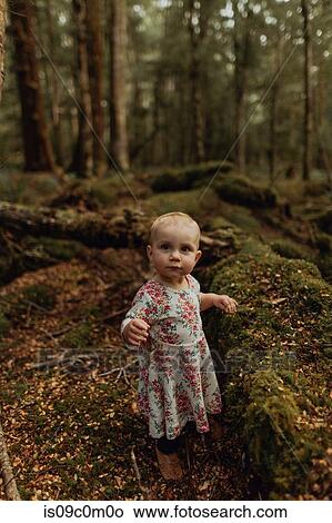 Picture - Baby girl exploring forest, Queenstown, Canterbury, New Zealand. Fotosearch