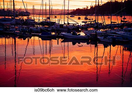 Stock Image - Boats in harbor at sunset, Bainbridge, Washington, United States. Fotosearch