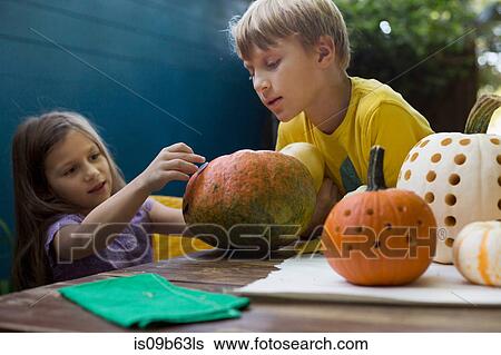 Boy and sister preparing pumpkins on garden table View Large Photo Image Stock Photograph - Boy and sister preparing pumpkins on garden table. Fotosearch
