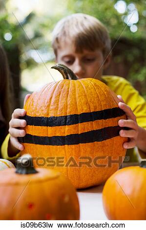 Boy lifting large stripe painted pumpkin from garden table View Large Photo Image Stock Photo - Boy lifting large stripe painted pumpkin from garden table. Fotosearch