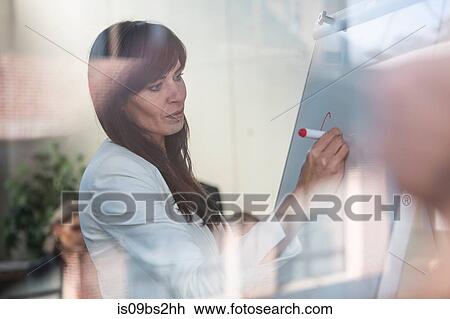 Businesswoman writing on whiteboard in office View Large Photo Image Stock Image - Businesswoman writing on whiteboard in office. Fotosearch