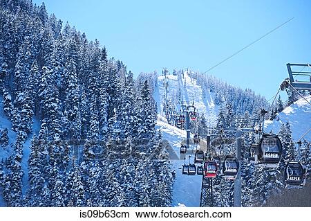 Cable car moving up over forested snow covered mountains, Aspen, Colorado, USA View Large Photo Image Picture - Cable car moving up over forested snow covered mountains, Aspen, Colorado, USA. Fotosearch