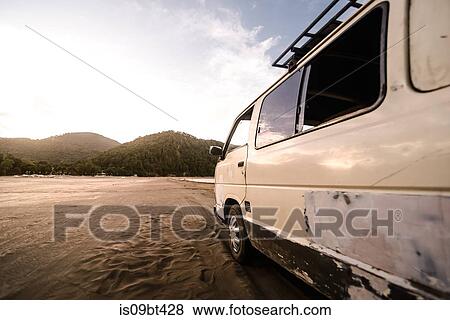 Stock Photo - Camper van on beach, Chile. Fotosearch