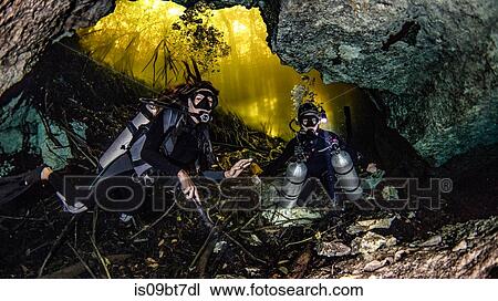 Stock Image - Cenote cave diving, Tulum, Quintana Roo, Mexico. Fotosearch