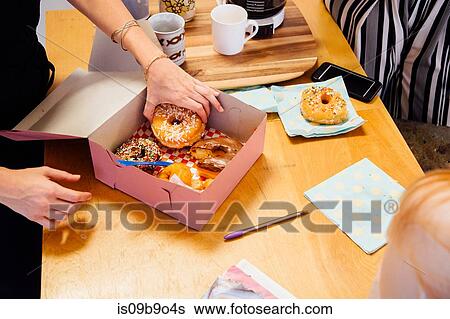 Stock Photograph - Cropped view of colleagues sharing doughnuts in cake box. Fotosearch
