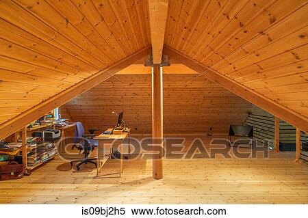 Desk and chair on pine panelled mezzanine in Scots pine piece sur piece log home View Large Photo Image Stock Photography - Desk and chair on pine panelled mezzanine in Scots pine piece sur piece log home. Fotosearch
